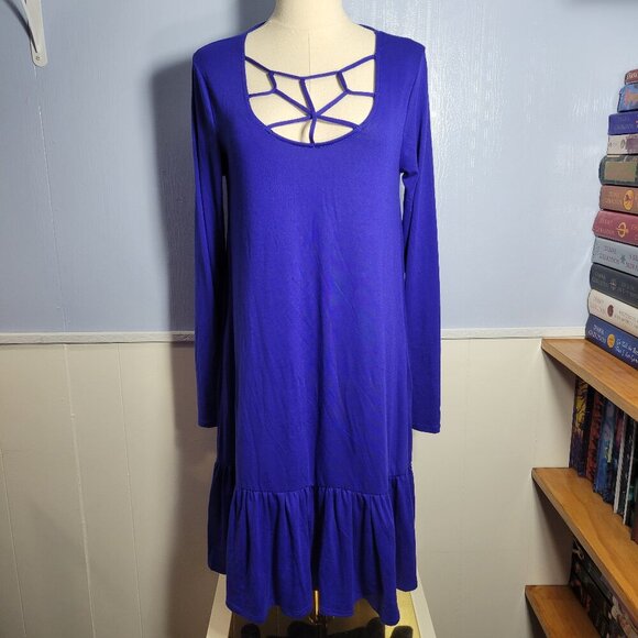 Zenana Outfitters Medium Deep Blue Web Chest Longsleeve Bottom Ruffle Long Dress - Picture 1 of 11